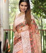 Orange Organza Lucknowi Thread Chikankari Work Saree