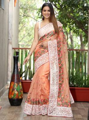 Orange Organza Lucknowi Thread Chikankari Work Saree 2
