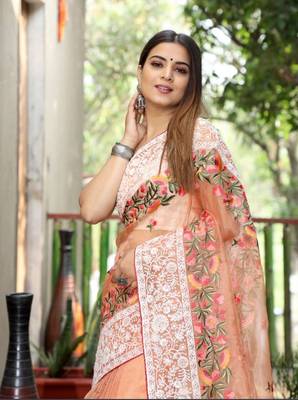 Orange Organza Lucknowi Thread Chikankari Work Saree 3