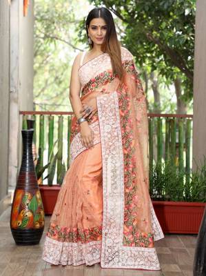 Orange Organza Lucknowi Thread Chikankari Work Saree 4