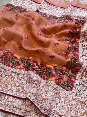 Orange Organza Lucknowi Thread Chikankari Work Saree 5