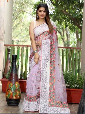 Purple Organza Lucknowi Thread Chikankari Work Saree 2