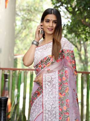 Purple Organza Lucknowi Thread Chikankari Work Saree 3