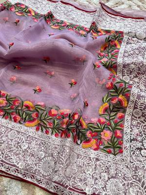 Purple Organza Lucknowi Thread Chikankari Work Saree 4