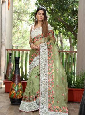 Green Organza Lucknowi Thread Chikankari Work Saree 1
