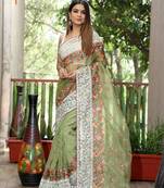 Green Organza Lucknowi Thread Chikankari Work Saree
