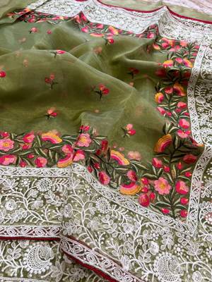 Green Organza Lucknowi Thread Chikankari Work Saree 4