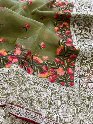 Green Organza Lucknowi Thread Chikankari Work Saree 5