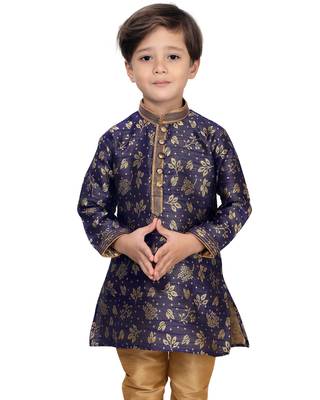 Blue woven silk boys-kurta-pyjama 1