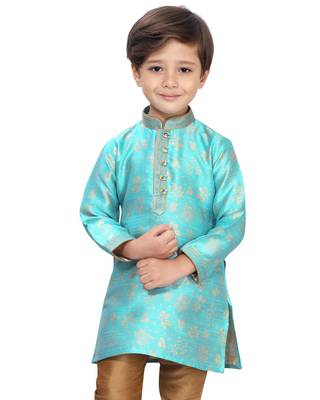 Blue woven silk boys-kurta-pyjama 1