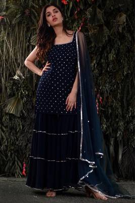 Gorgeous Navy Blue Mukaish Work Georgette Sharara Salwar Suit Semi Stitched 2