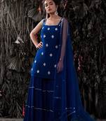 Decent Style Lepis Blue Mukaish Work Sharara Suit Semi Stitched