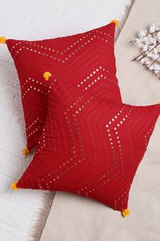 Set of 2 Red Embroidered Mirror work Cushion Cover