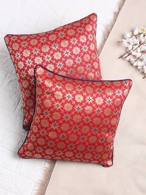 Set of 2 Red Gold Flower Pattern Jacquard Cushion Cover 1