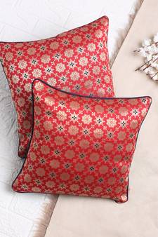 Set of 2 Red Gold Flower Pattern Jacquard Cushion Cover