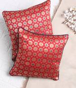 Set of 2 Red Gold Flower Pattern Jacquard Cushion Cover