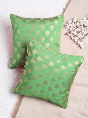 Set of 2 Pastel Green Lotus Motif Jacquard Cushion Cover 1