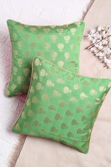 Set of 2 Pastel Green Lotus Motif Jacquard Cushion Cover