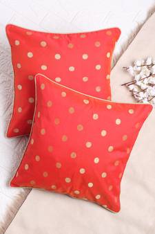 Set of 2 Red Gold Polka Dot Poly Chanderi Cushion Cover