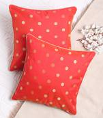 Set of 2 Red Gold Polka Dot Poly Chanderi Cushion Cover