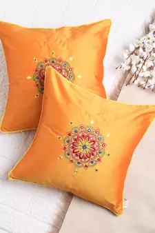 Set of 2 Ethnic Motif Embroidered Mustard Cushion Cover