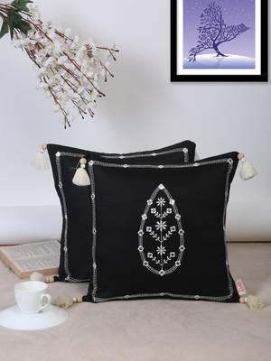 Set of 2 Mughal Emberoidery in ivory on black cushion cover 1