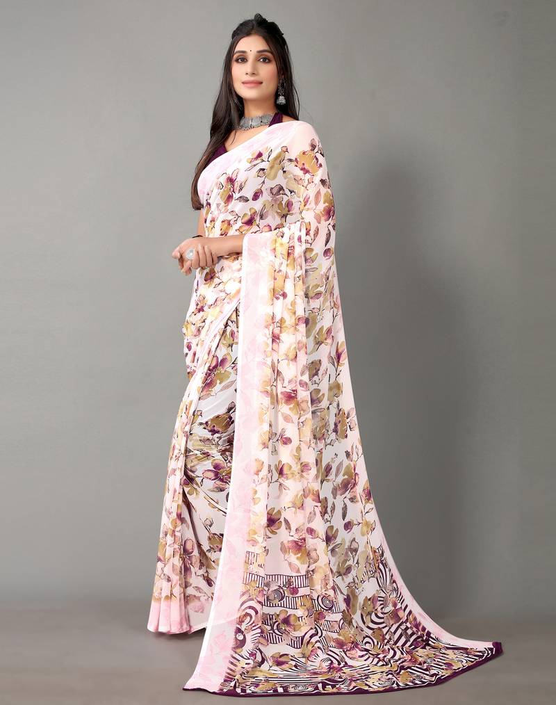 Off white printed georgette saree with blouse