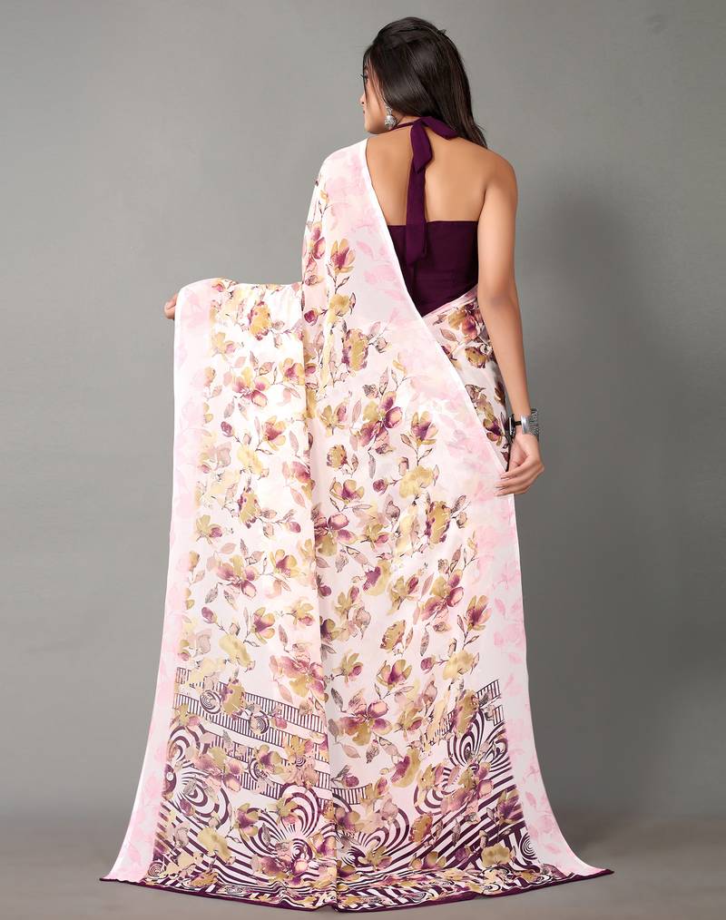 Off white printed georgette saree with blouse