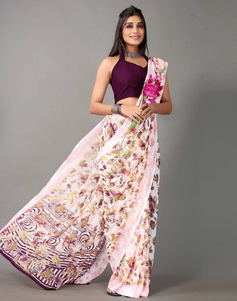 Off white printed georgette saree with blouse