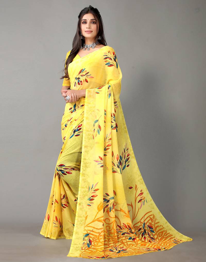 Pink printed georgette saree with blouse