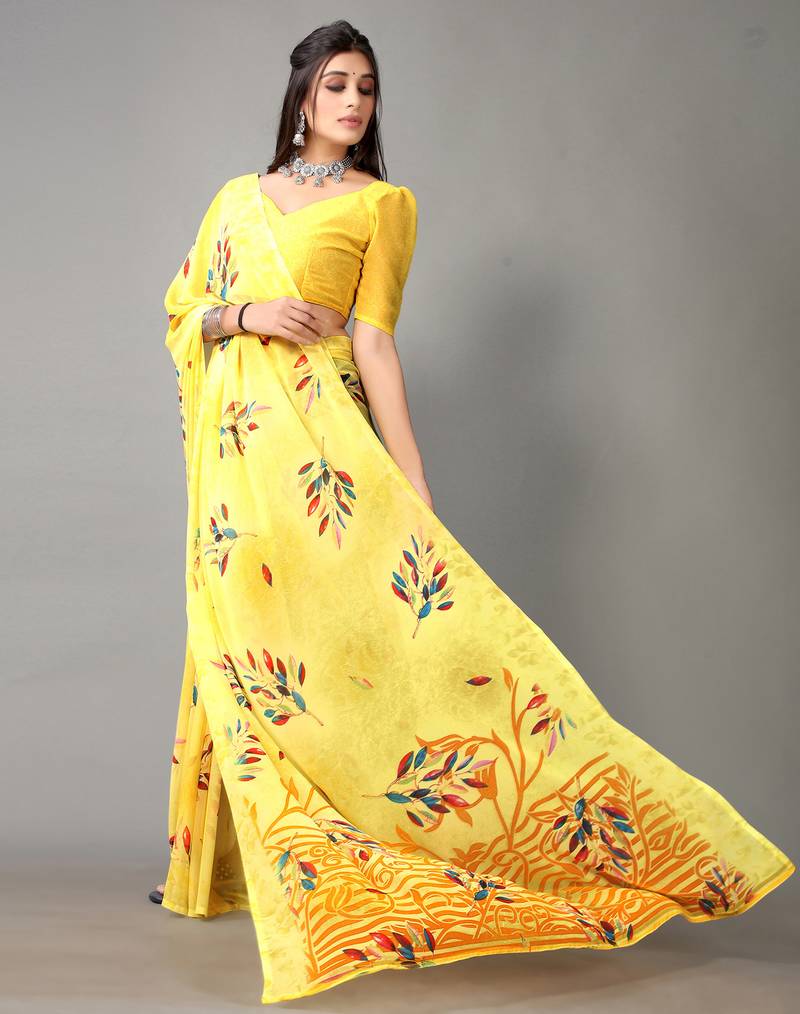 Pink printed georgette saree with blouse