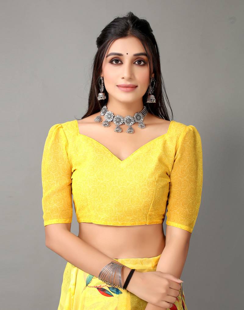 Pink printed georgette saree with blouse