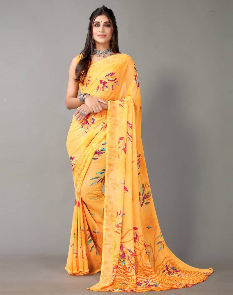 Yellow printed georgette saree with blouse