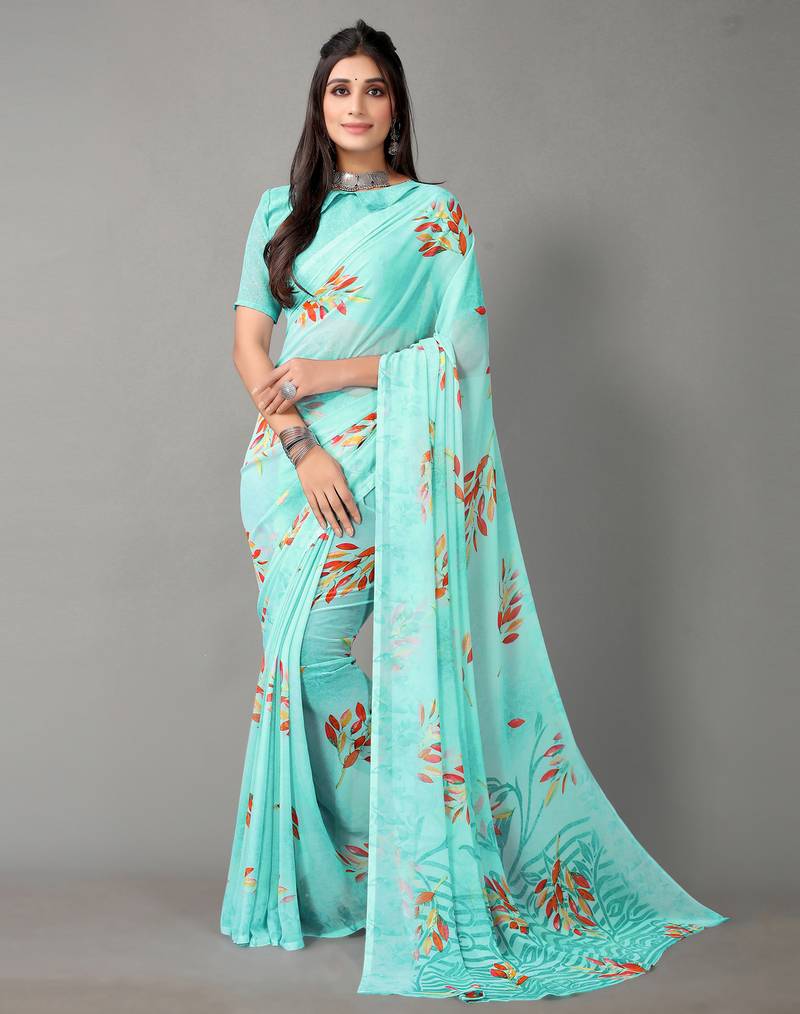 pista printed georgette saree with blouse
