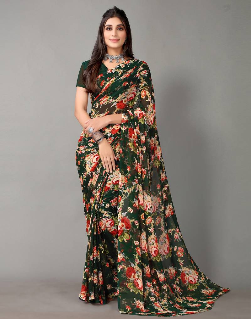 Blue printed georgette saree with blouse