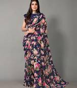 Navy blue printed georgette saree with blouse