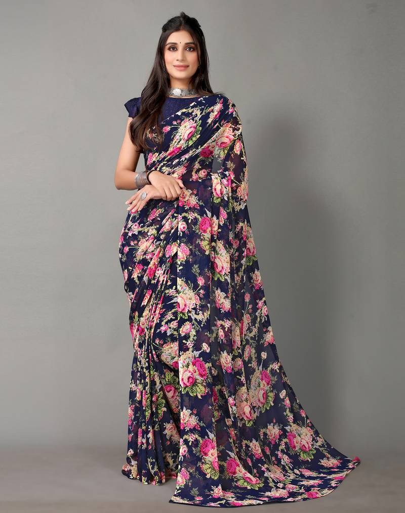 Navy blue printed georgette saree with blouse