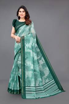 Teal printed cotton saree with blouse
