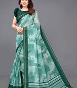 Teal printed cotton saree with blouse