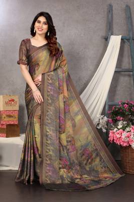 Yellow printed chiffon saree with blouse 1