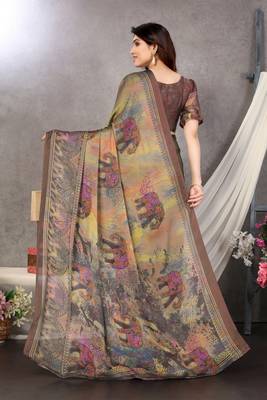 Yellow printed chiffon saree with blouse 3