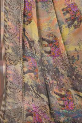 Yellow printed chiffon saree with blouse 5