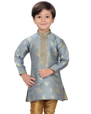 Grey woven silk boys-kurta-pyjama 1