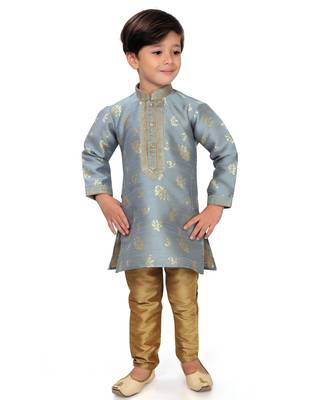 Grey woven silk boys-kurta-pyjama 2