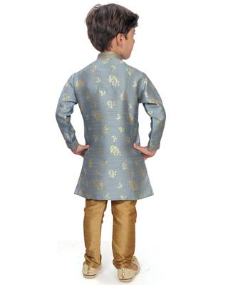 Grey woven silk boys-kurta-pyjama 3