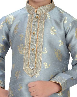 Grey woven silk boys-kurta-pyjama 4