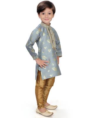 Grey woven silk boys-kurta-pyjama 5