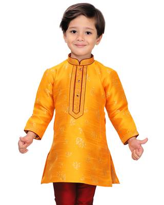 Yellow woven silk boys-kurta-pyjama 2