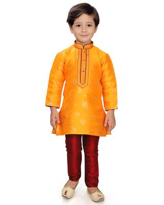 Yellow woven silk boys-kurta-pyjama 1