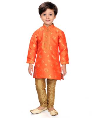 Orange woven silk boys-kurta-pyjama 1
